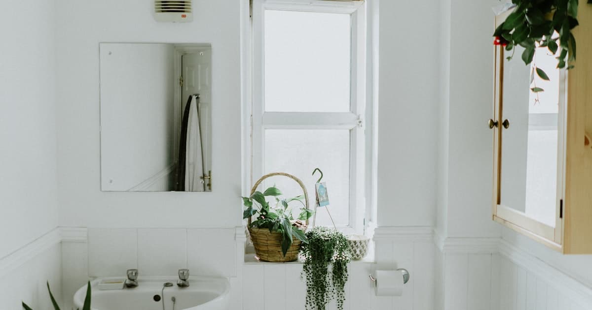 Modern remodeled bathroom with white vanity and walk-in shower